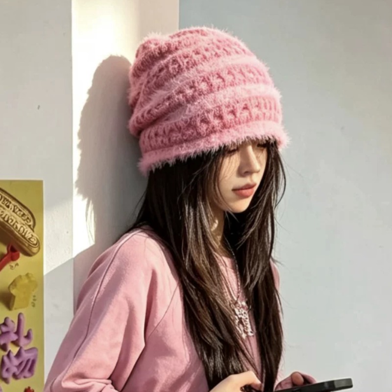 Beanie Cuffed Knit - Новые корейские пушистые вязаные шапки-бини ярких