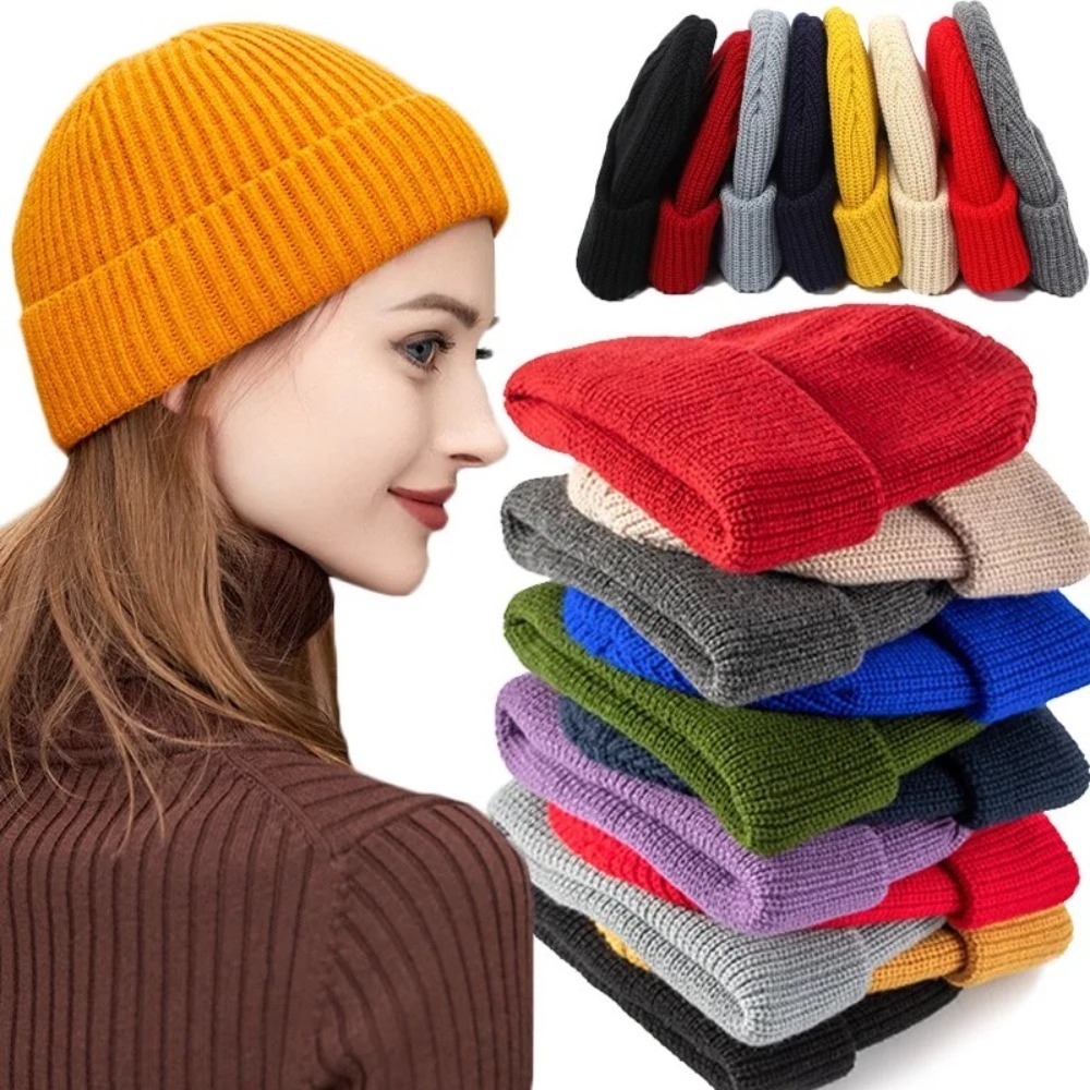 Beanie Cuffed Knit - Осенне-зимняя унисекс шапка-бини однотонного цвета с